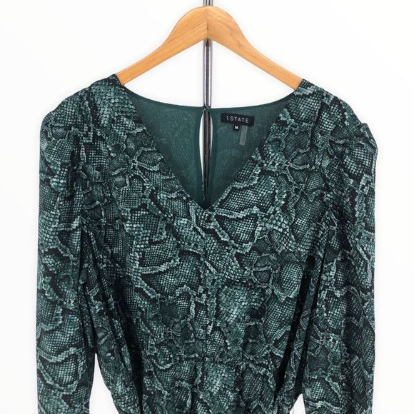 1. State Tie Waist Green Snake Print Belted Surplice Neck Dress in Pine Grove - Picture 3 of 10